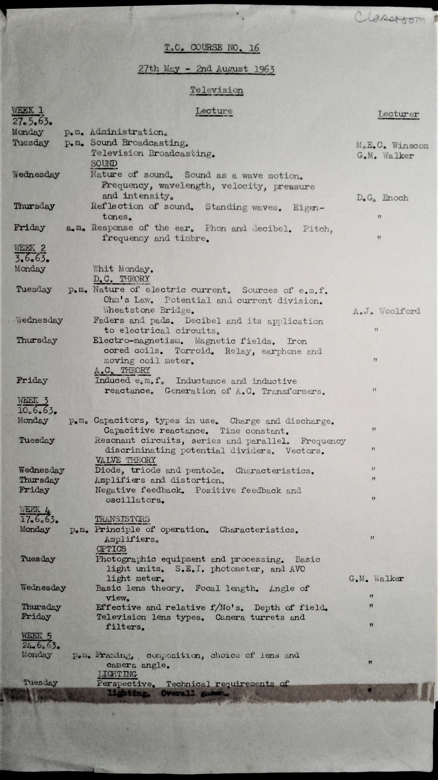 Technical Operators Course 16 Lecture Schedule The Tech ops History 